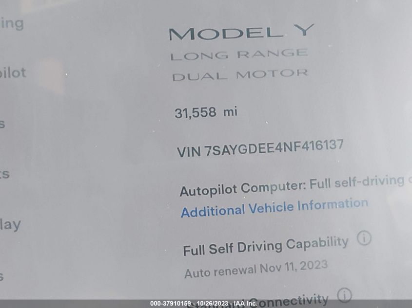 2022 Tesla Model Y Long Range Dual Motor All-Wheel Drive VIN: 7SAYGDEE4NF416137 Lot: 37910159