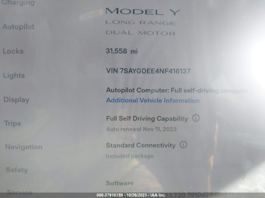 2022 Tesla Model Y Long Range Dual Motor All-Wheel Drive VIN: 7SAYGDEE4NF416137 Lot: 37910159