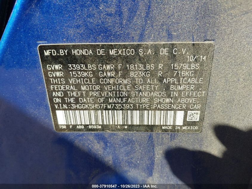 2015 Honda Fit Lx VIN: 3HGGK5H57FM735393 Lot: 37910547
