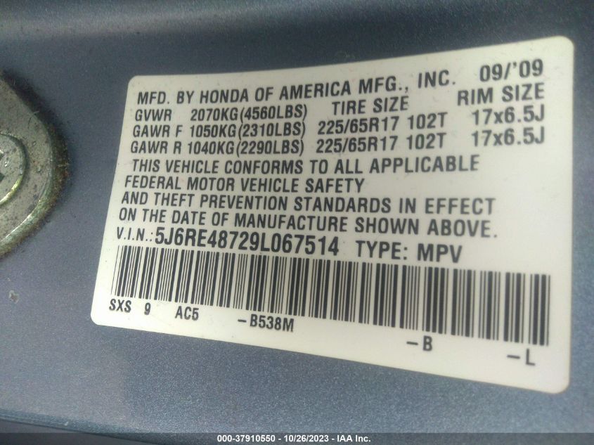 2009 Honda Cr-V Ex-L VIN: 5J6RE48729L067514 Lot: 37910550