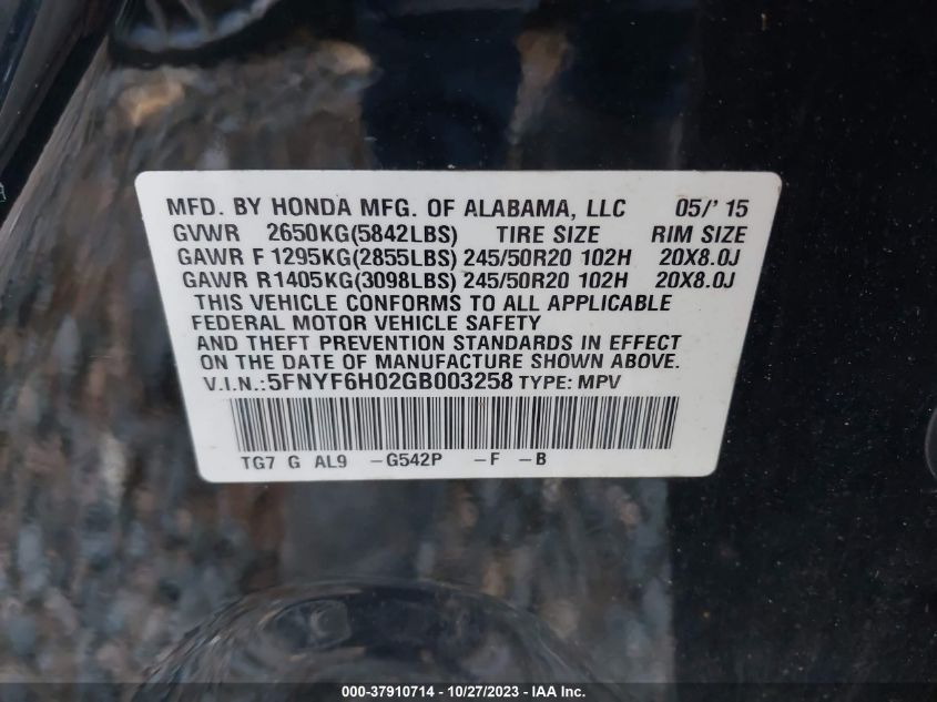 2016 Honda Pilot Elite VIN: 5FNYF6H02GB003258 Lot: 37910714