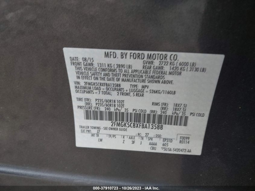 2015 Ford Flex Sel VIN: 2FMGK5C8XFBA13588 Lot: 37910723