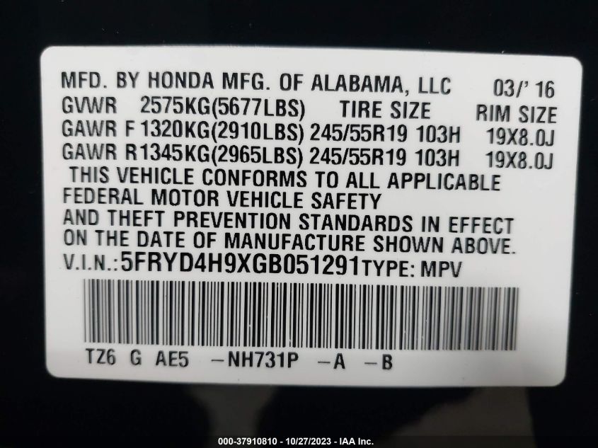 2016 Acura Mdx W/Advance/W/Advance VIN: 5FRYD4H9XGB051291 Lot: 37910810