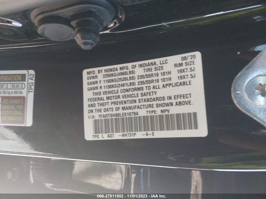 2020 Honda Cr-V Touring VIN: 7FART6H90LE016794 Lot: 37911502