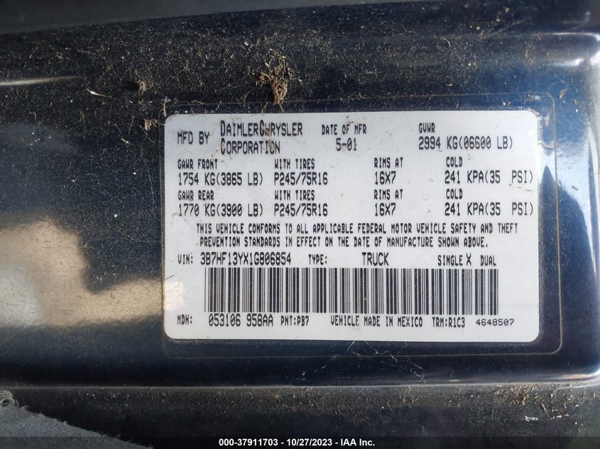 2001 Dodge Ram 1500 VIN: 3B7HF13YX1G806854 Lot: 37911703