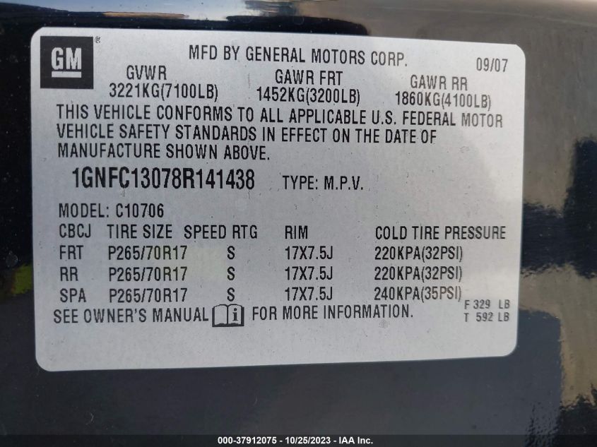2008 Chevrolet Tahoe Lt W/2Lt VIN: 1GNFC13078R141438 Lot: 37912075