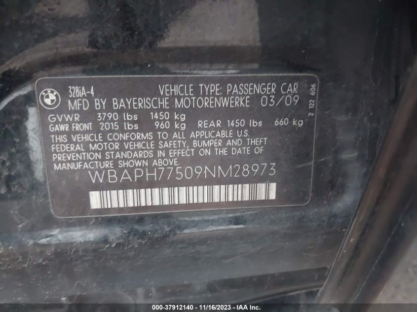 2009 BMW 328I VIN: WBAPH77509NM28973 Lot: 37912140