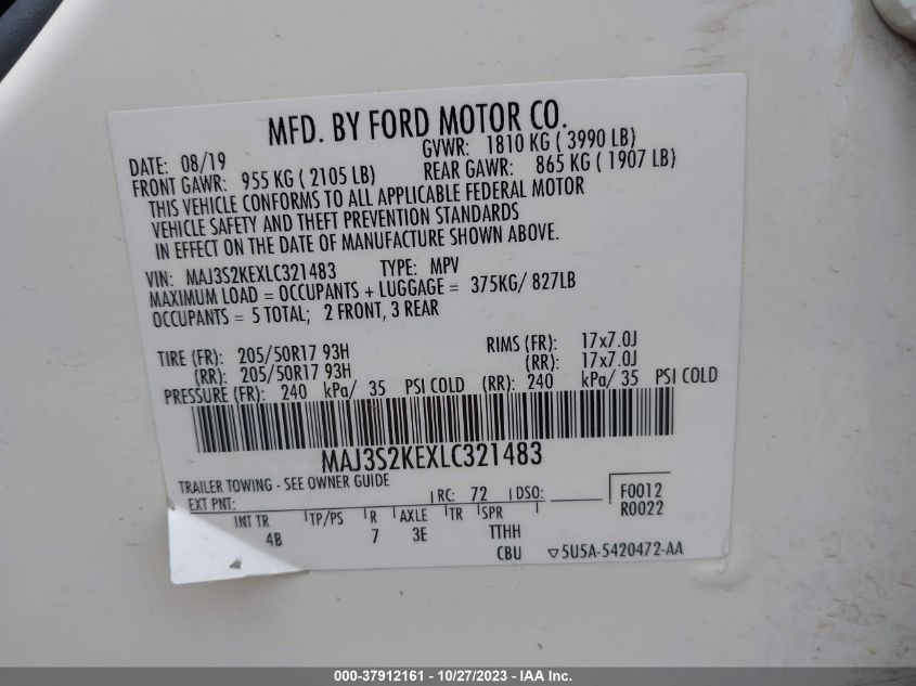 2020 Ford Ecosport Titanium VIN: MAJ3S2KEXLC321483 Lot: 37912161