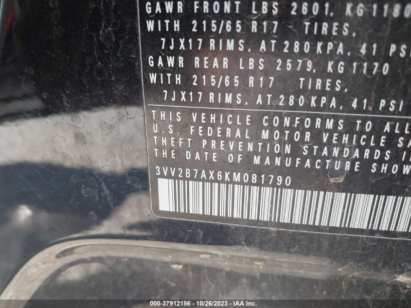 2019 Volkswagen Tiguan Se/Sel/Sel R-Line VIN: 3VV2B7AX6KM081790 Lot: 37912186