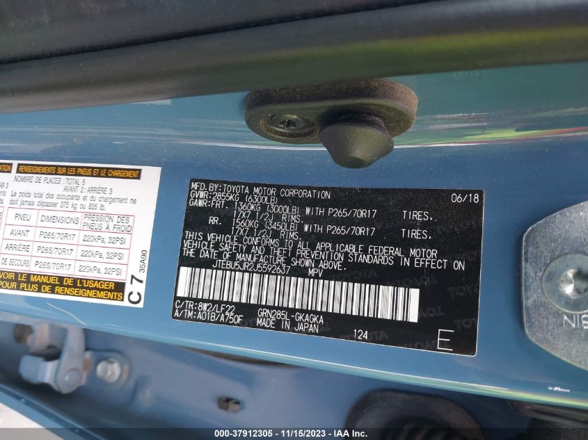 2018 Toyota 4Runner Sr5 VIN: JTEBU5JR2J5592637 Lot: 37912305