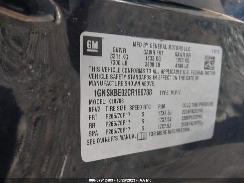 2012 Chevrolet Tahoe Lt VIN: 1GNSKBE02CR180788 Lot: 37912409