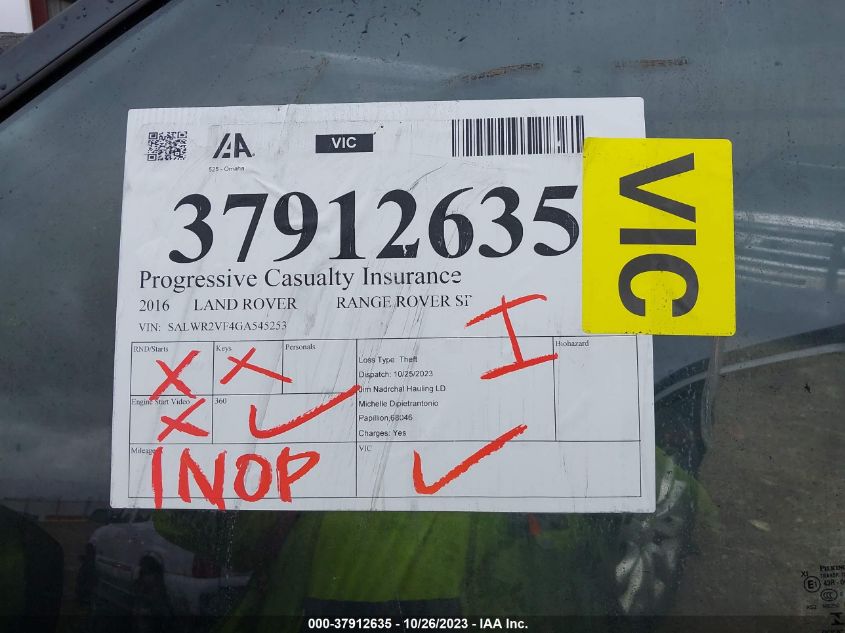 2016 Land Rover Range Rover Sport V6 Hse VIN: SALWR2VF4GA545253 Lot: 37912635