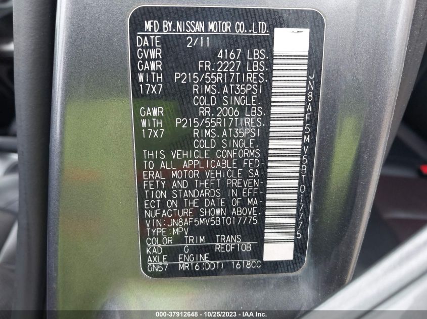 2011 Nissan Juke Sl VIN: JN8AF5MV5BT017775 Lot: 37912648