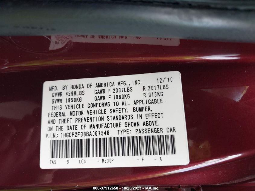 2011 Honda Accord Sdn Lx VIN: 1HGCP2F38BA067546 Lot: 37912658