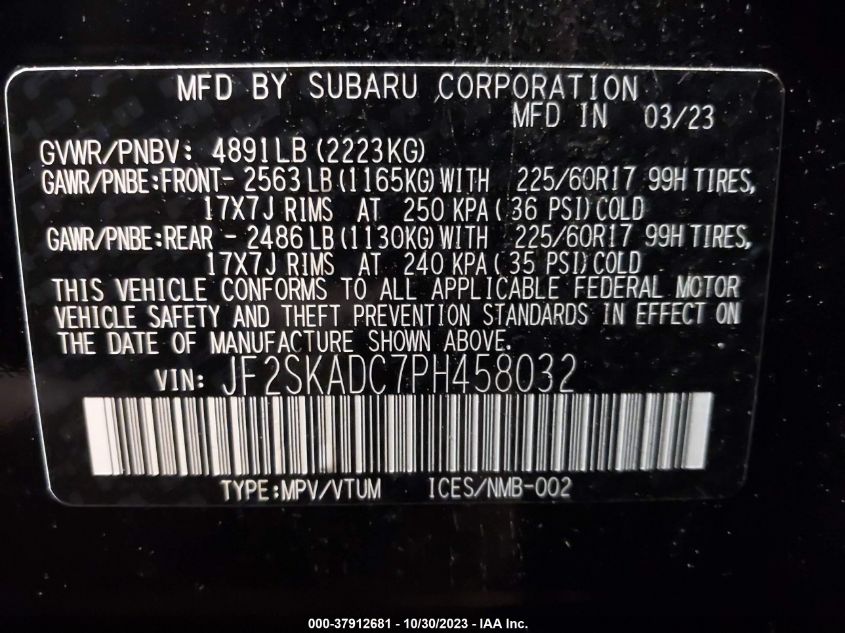 2023 Subaru Forester Premium VIN: JF2SKADC7PH458032 Lot: 37912681