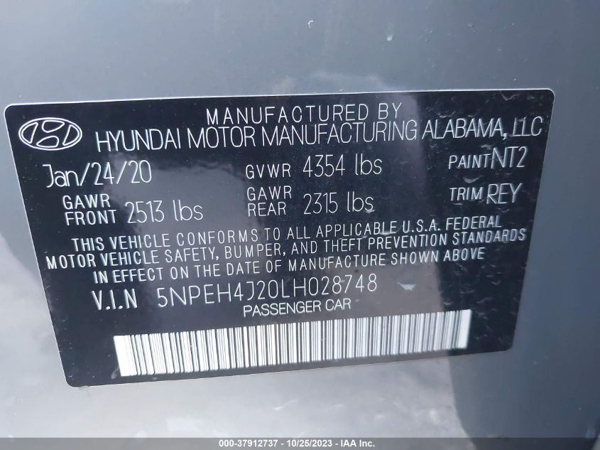 2020 Hyundai Sonata Limited VIN: 5NPEH4J20LH028748 Lot: 37912737