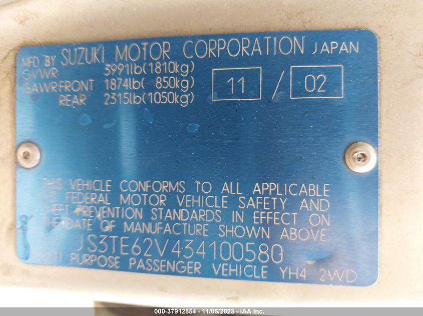 2003 Suzuki Grand Vitara VIN: JS3TE62V434100580 Lot: 37912854