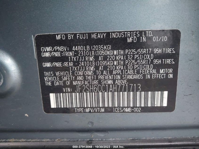 2010 Subaru Forester 2.5X Premium VIN: JF2SH6CC1AH771713 Lot: 37913048