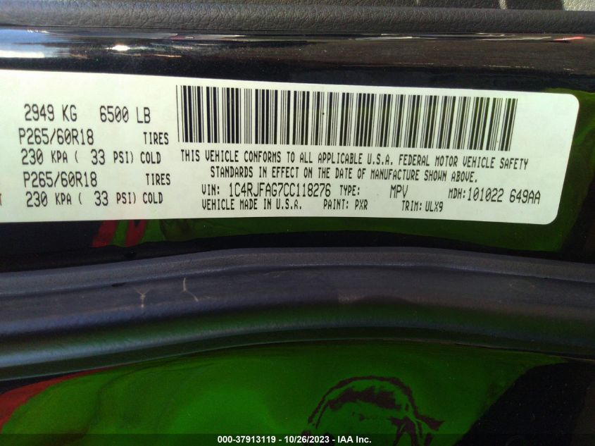 2012 Jeep Grand Cherokee Laredo VIN: 1C4RJFAG7CC118276 Lot: 37913119