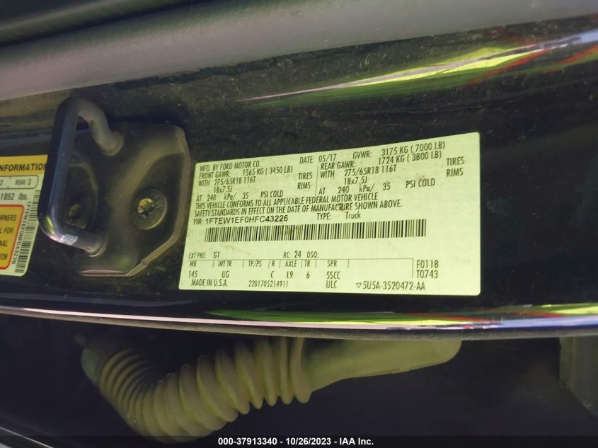 2017 Ford F-150 Xl/Xlt/Lariat VIN: 1FTEW1EF0HFC43226 Lot: 37913340