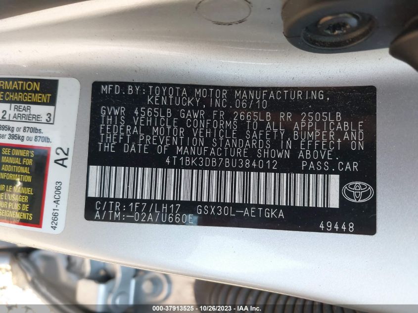 2011 Toyota Avalon Limited VIN: 4T1BK3DB7BU384012 Lot: 37913525