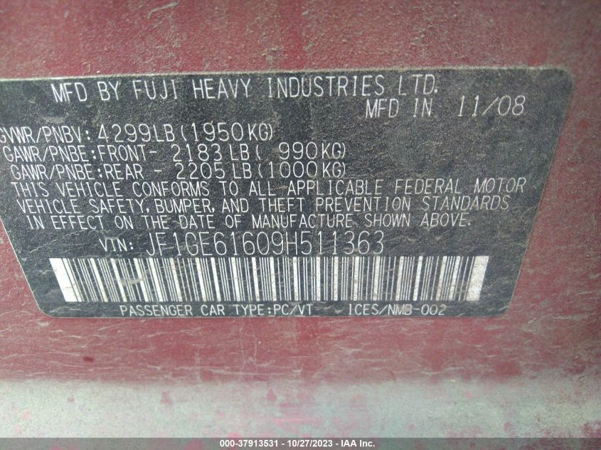 2009 Subaru Impreza 2.5I VIN: JF1GE61609H511363 Lot: 37913531