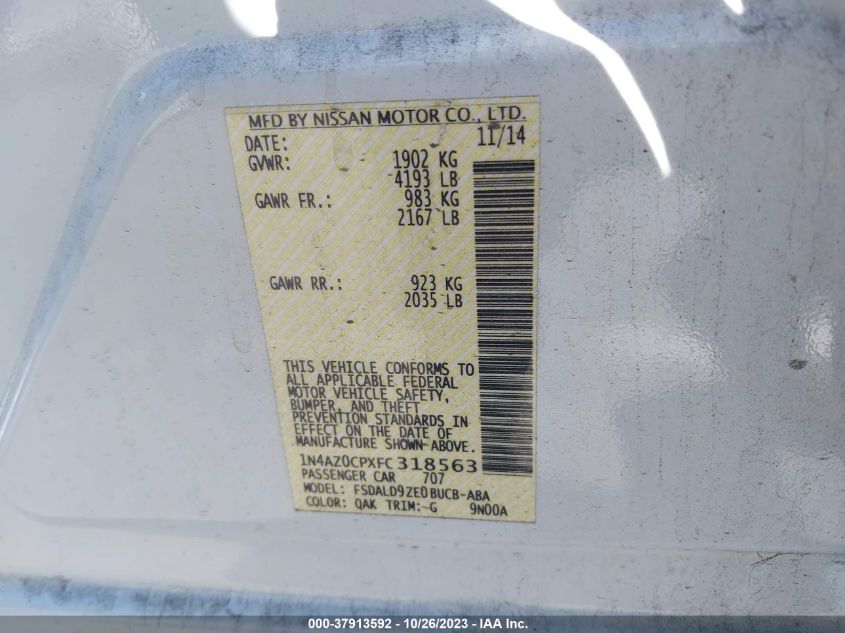 2015 Nissan Leaf Sv VIN: 1N4AZ0CPXFC318563 Lot: 37913592