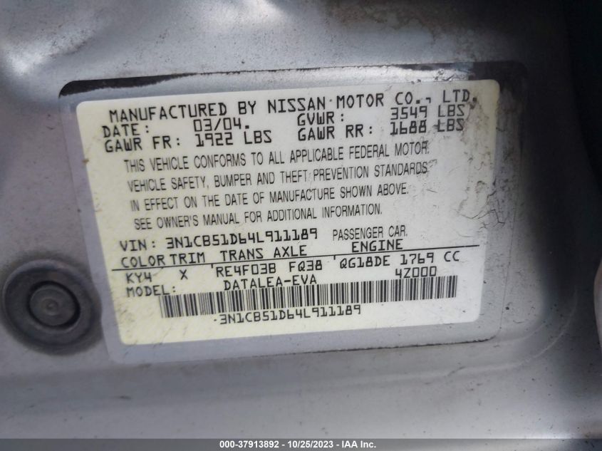 2004 Nissan Sentra S VIN: 3N1CB51D64L911189 Lot: 37913892