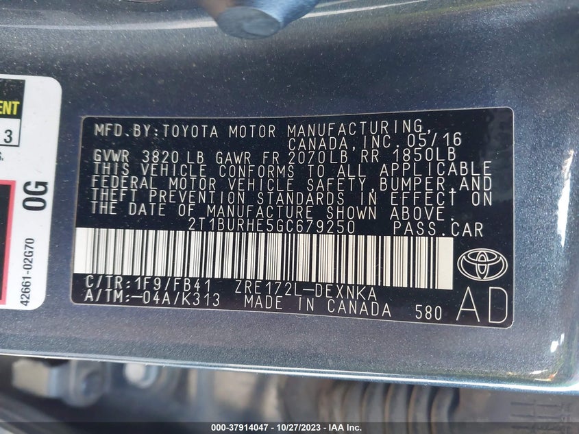 2016 Toyota Corolla Le VIN: 2T1BURHE5GC679250 Lot: 37914047