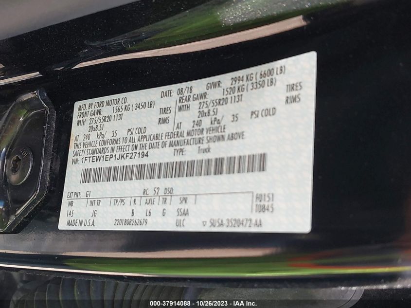 2018 Ford F-150 Xl/Xlt/Lariat VIN: 1FTEW1EP1JKF27194 Lot: 37914088