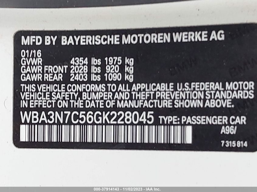 2016 BMW 4 Series 428I VIN: WBA3N7C56GK228045 Lot: 37914143