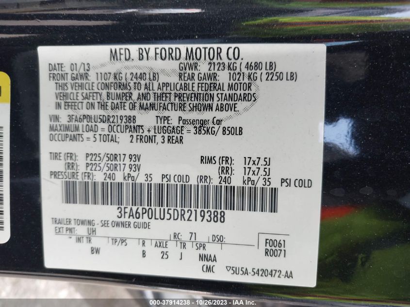 2013 Ford Fusion Se Hybrid VIN: 3FA6P0LU5DR219388 Lot: 37914238