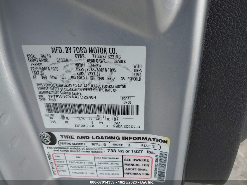 2010 Ford F-150 Xl/Xlt VIN: 1FTFW1CV6AFD22484 Lot: 37914359
