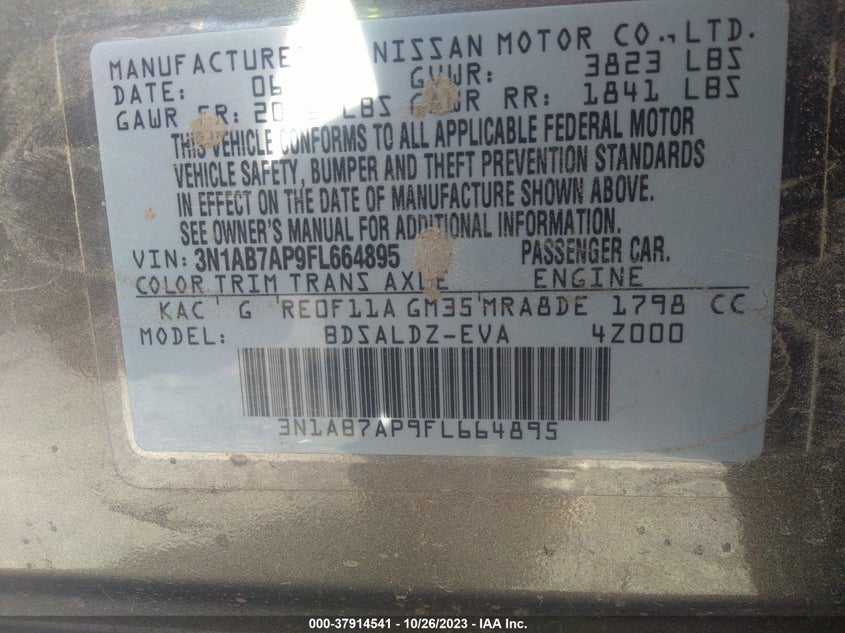 2015 Nissan Sentra Sv VIN: 3N1AB7AP9FL664895 Lot: 37914541