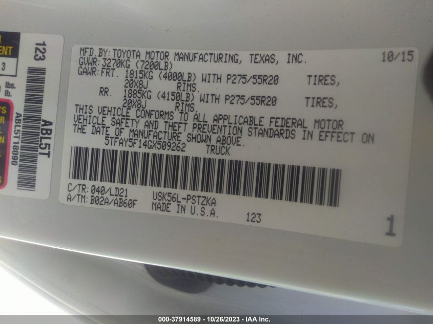 2016 Toyota Tundra 4Wd Truck Platinum/1794 VIN: 5TFAY5F14GX509262 Lot: 37914589