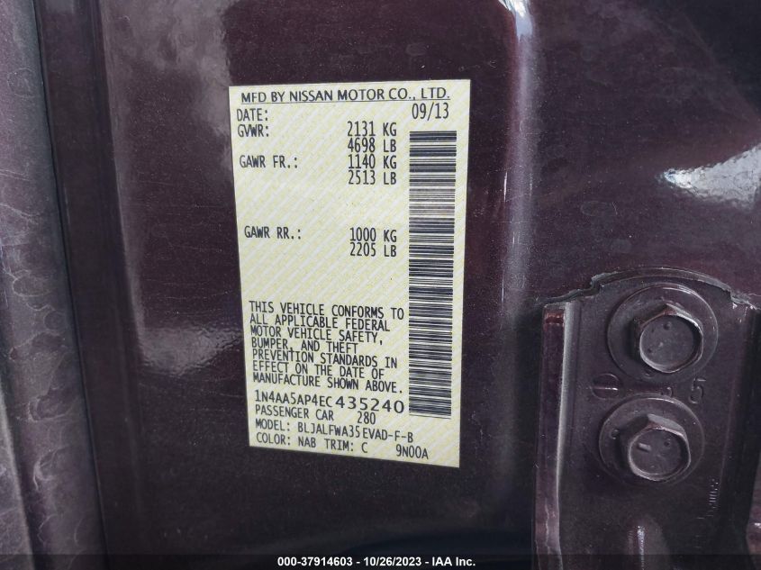 2014 Nissan Maxima 3.5 Sv VIN: 1N4AA5AP4EC435240 Lot: 37914603