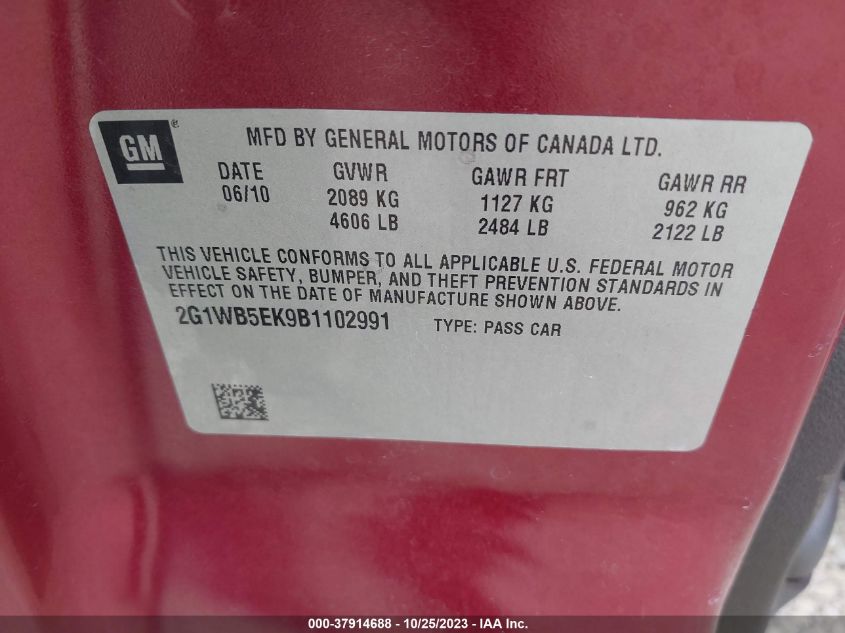 2011 Chevrolet Impala Lt Retail VIN: 2G1WB5EK9B1102991 Lot: 37914688