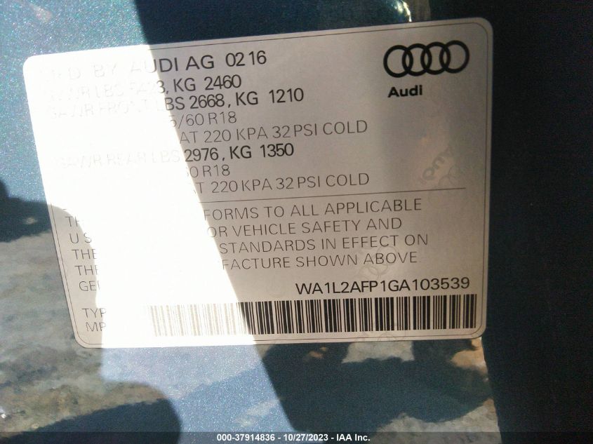 2016 Audi Q5 Premium Plus VIN: WA1L2AFP1GA103539 Lot: 37914836