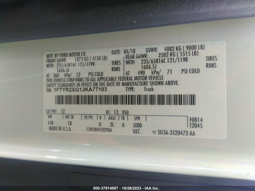 2018 Ford Transit Van VIN: 1FTYR2XG1JKA77103 Lot: 37914887