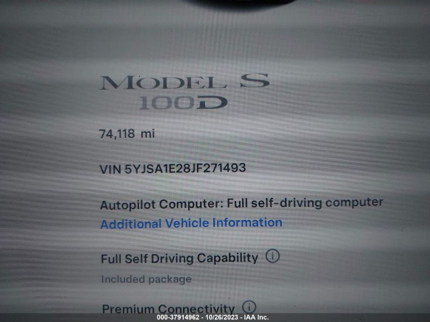 2018 Tesla Model S 75D/100D/P100D VIN: 5YJSA1E28JF271493 Lot: 37914962
