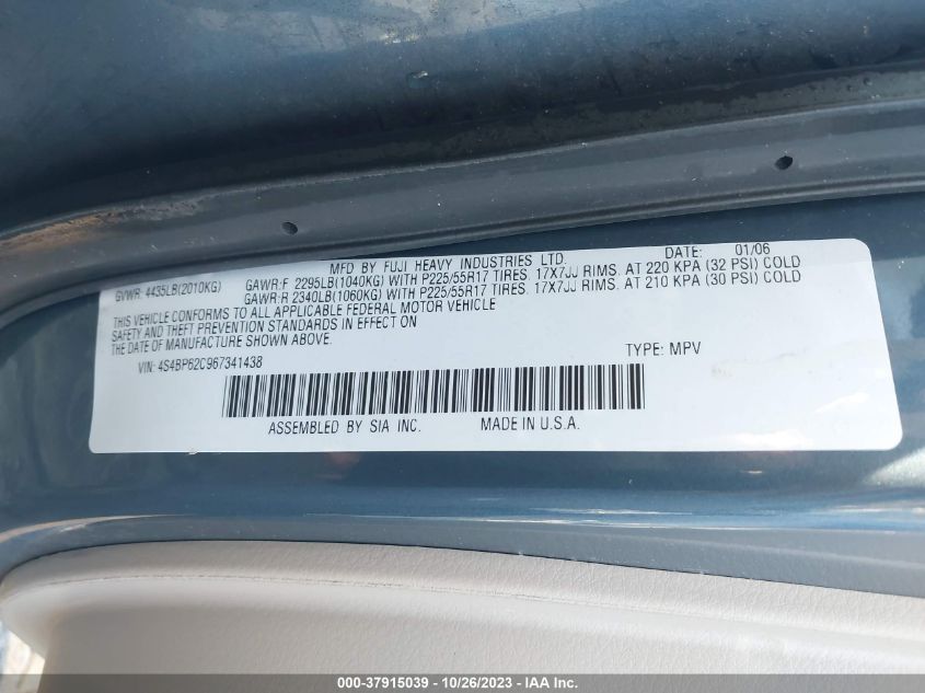 2006 Subaru Legacy Wagon Outback 2.5I Ltd VIN: 4S4BP62C967341438 Lot: 37915039