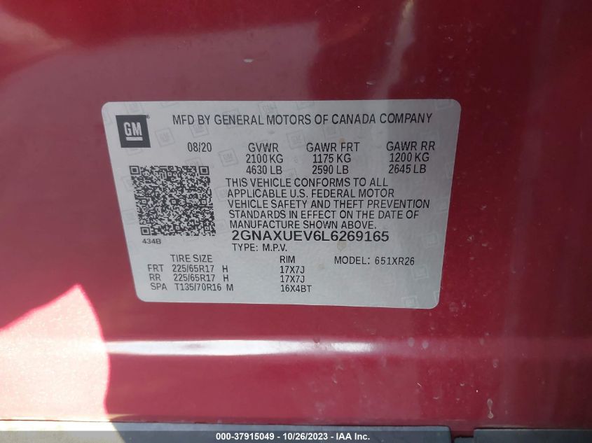 2020 Chevrolet Equinox Lt VIN: 2GNAXUEV6L6269165 Lot: 37915049