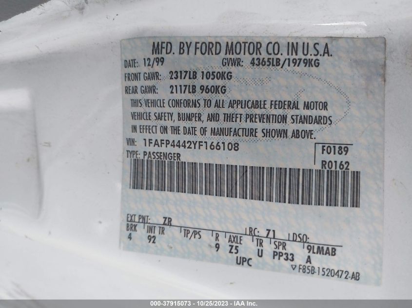 2000 Ford Mustang VIN: 1FAFP4442YF166108 Lot: 37915073