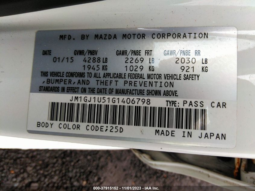 2016 Mazda Mazda6 I Sport VIN: JM1GJ1U51G1406798 Lot: 37915152