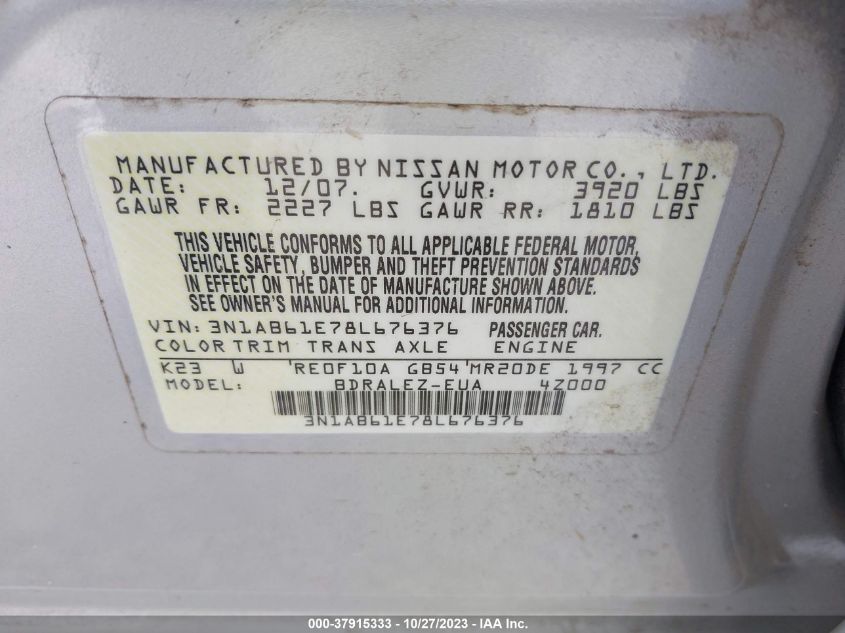 2008 Nissan Sentra 2.0 S VIN: 3N1AB61E78L676376 Lot: 37915333