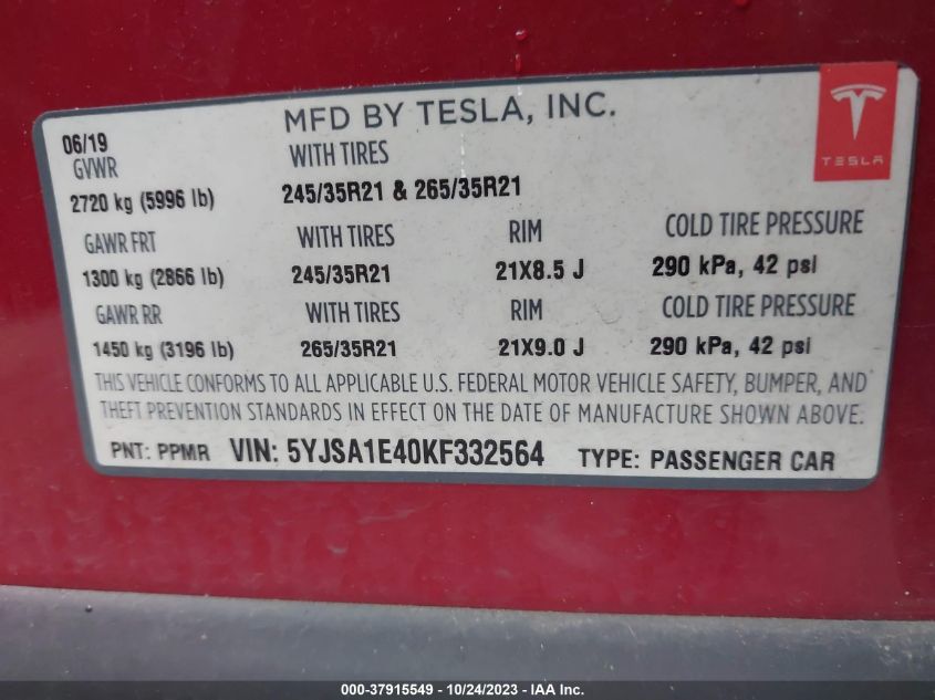 2019 Tesla Model S P100D/Performance/Long Range/100D VIN: 5YJSA1E40KF332564 Lot: 37915549