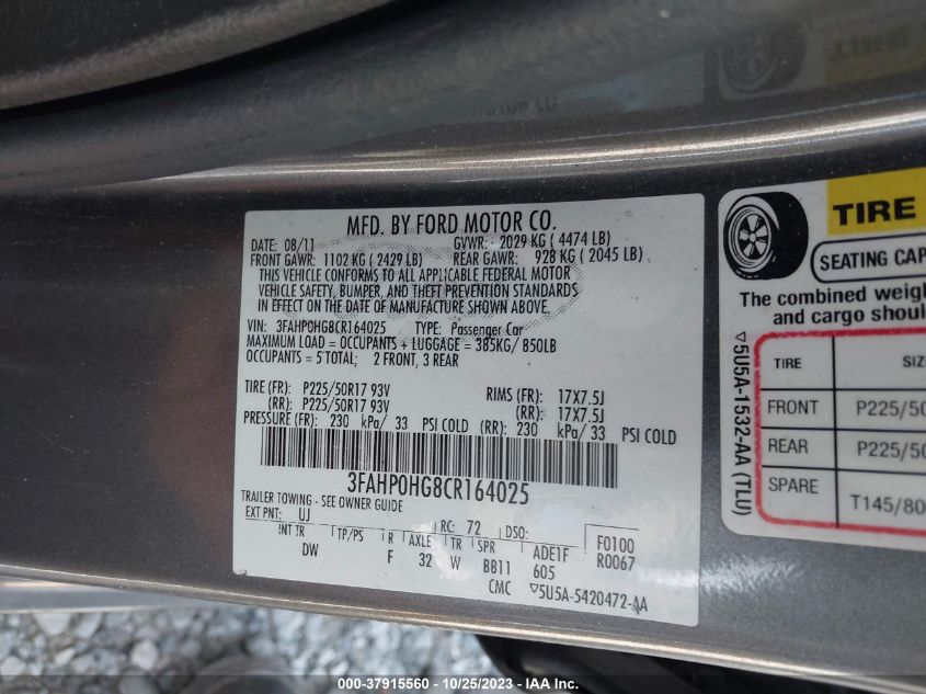 2012 Ford Fusion Se VIN: 3FAHP0HG8CR164025 Lot: 37915560