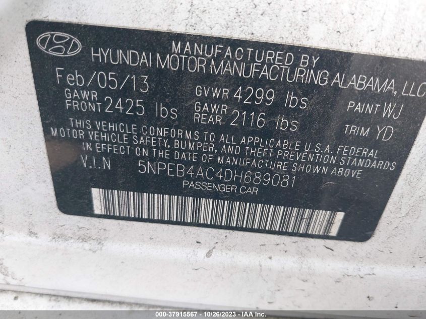 2013 Hyundai Sonata Gls Pzev VIN: 5NPEB4AC4DH689081 Lot: 37915567