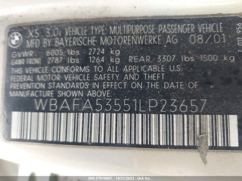 2001 BMW X5 3.0I VIN: WBAFA53551LP23657 Lot: 37915867