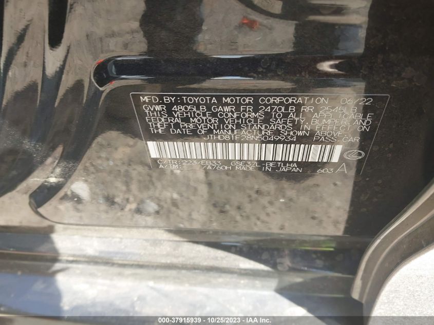 2022 Lexus Is Is 300 VIN: JTHD81F28N5049934 Lot: 37915939